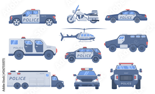 Police transport. Truck vehicle. Patrol car. SWAT helicopter. Safety machine. Security service authority. Automobile van. Cop to protect. Policeman help. Sheriff SUV. Auto traffic. Vector garish set