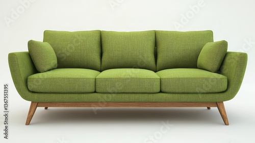 Green sofa with cushions and wooden legs on white background