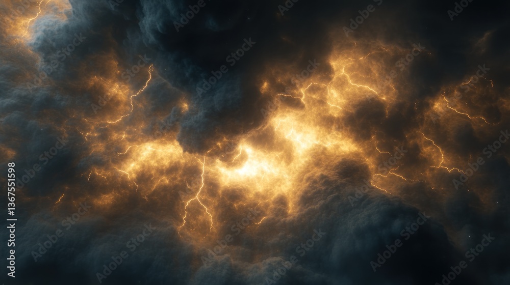 Storm clouds with golden lightning