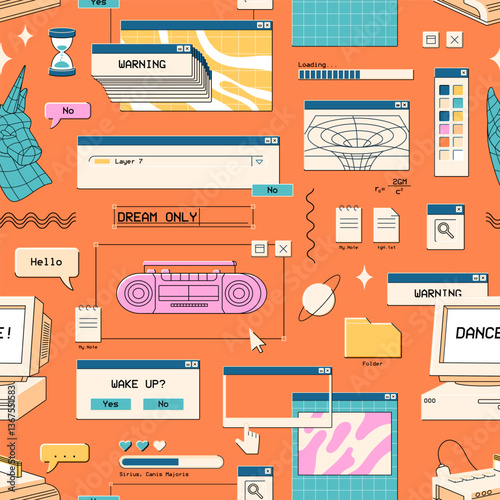 Repeatable pattern of retro UI, items of computer interface in vaporwave style. Endless background of kitsch digital elements of software, Y2K windows and icons. Flat seamless vector illustration