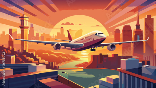 Airplane Flying Over a Cityscape at Sunset
