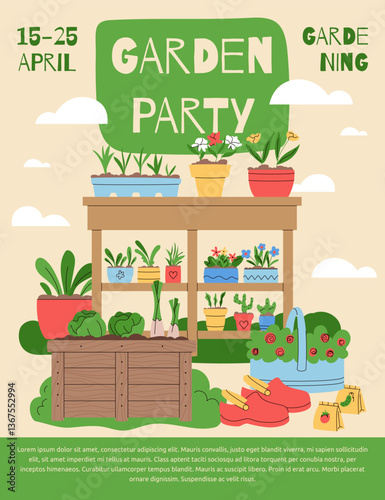 Garden plant poster. Local market event. Organic harvest. Compost vegetable. Home tool for flower spring care. Gardening of houseplant and seedbeds. Cover agriculture. Vector garish banner template