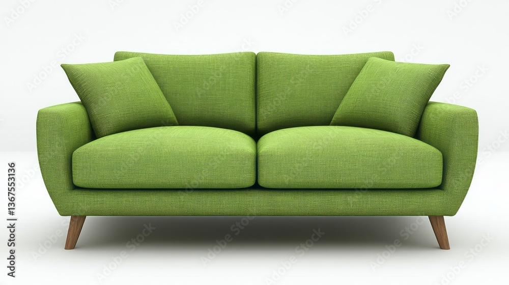 Appealing lime green sofa with cushions stands on a white background Appealing lime green sofa with cushions stands on a white background