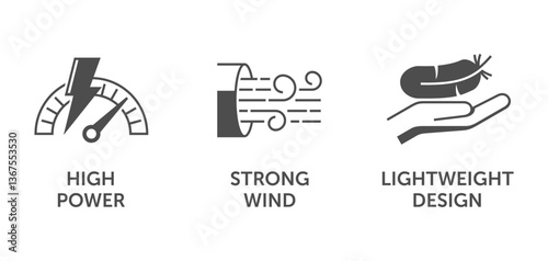 Hair Dryer icons - Strong wind, Lightweight design, High power, in monochrome style