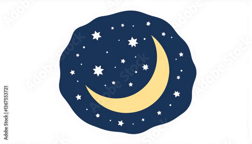 Crescent moon and stars in deep blue sky, night sky illustration