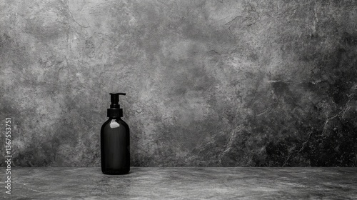 Black Pump Bottle on a Textured Gray Stone Surface with a Wall Background