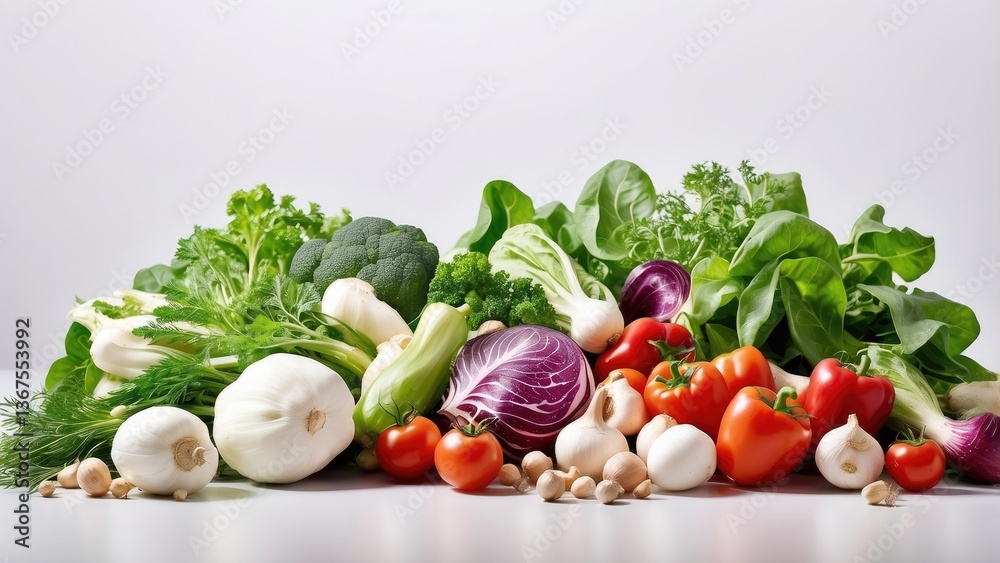 An assortment of fresh summer vegetables is displayed creatively on a white background. An assortment of fresh summer vegetables is displayed creatively on a white background.