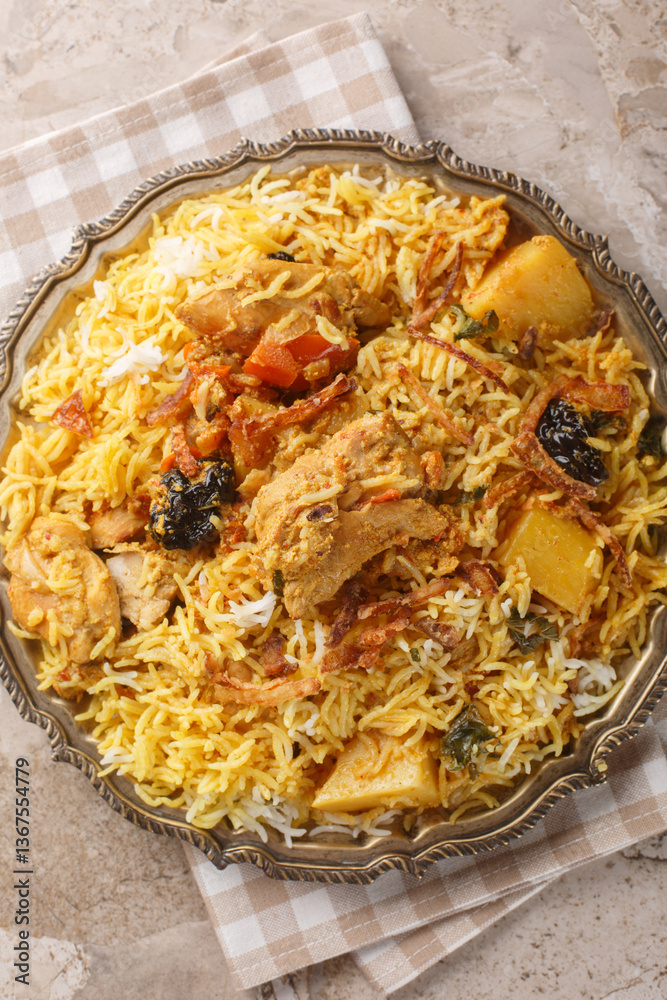 Sindhi chicken biryani layered rice with tender and spicy meat, potato, prune mint, lemon and coriander closeup on the plate on the table. Vertical top view from above
