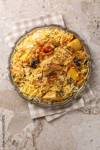 Sindhi biryani with rice, chicken, potato, tomato, prune, mint, lemon and coriander closeup on the plate on the table. Vertical top view from above
