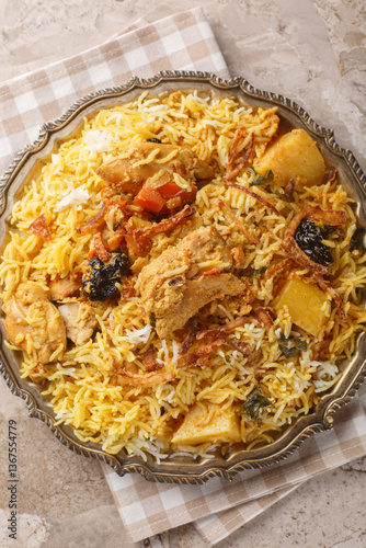 Obraz na płótnie Sindhi chicken biryani layered rice with tender and spicy meat, potato, prune mint, lemon and coriander closeup on the plate on the table. Vertical top view from above w salonie