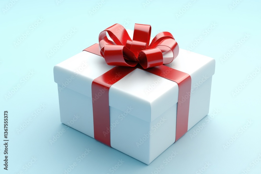 Obraz premium A pristine white gift box adorned with a vibrant red ribbon and bow resting on a soft blue surface