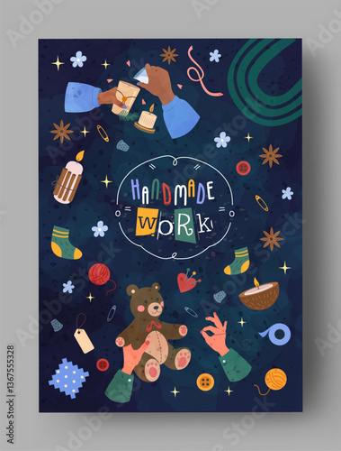 Craft hobby card. Handmade toy. Artisan hands make Aroma candle. DIY studio. Plush animal. Creative handiwork. Knitting socks. Arms create. Sewing pins. Embroidery tools. Vector handicrafts background