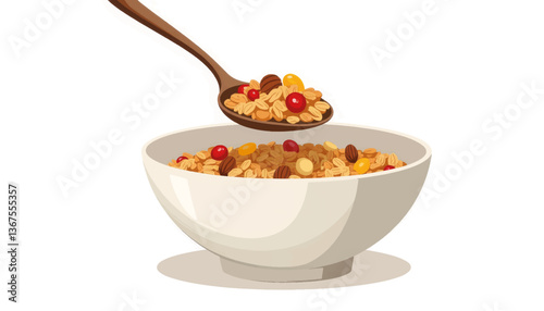 Spoonful of granola over a white bowl, healthy breakfast concept