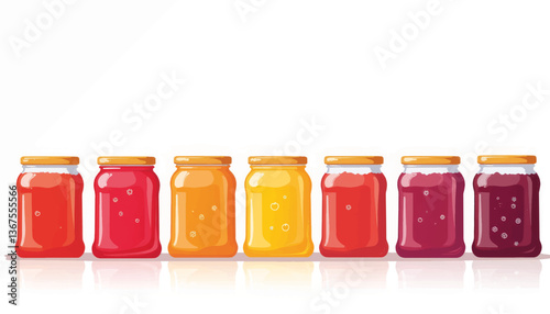 Colorful jars of fruit jam arranged in a row, vibrant flavors