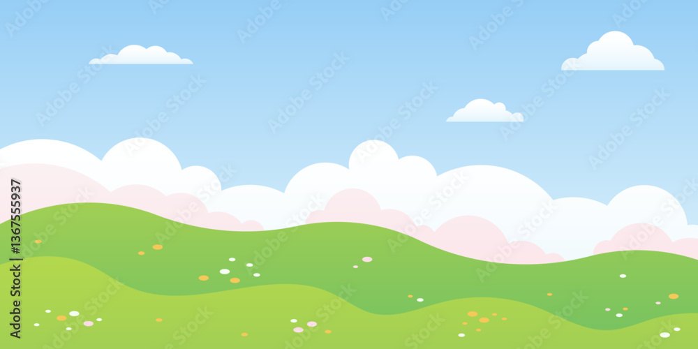 Fototapeta premium Cartoon summer landscape. Vector flat scenery with cloud sky, green hills and flowers. Beautiful nature scene