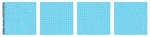 Blue summer background set of swimming pool textures. Underwater tile surface wavy distorted lines