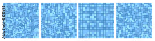 Blue summer background set of swimming pool textures. Underwater tile surface wavy distorted patterns