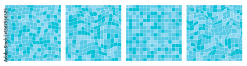 Blue summer background set of swimming pool textures. Underwater tile surface wavy distorted patterns