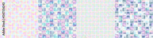 3d square tile mosaic pattern set. Trendy multicolored iridescent gradient wall.