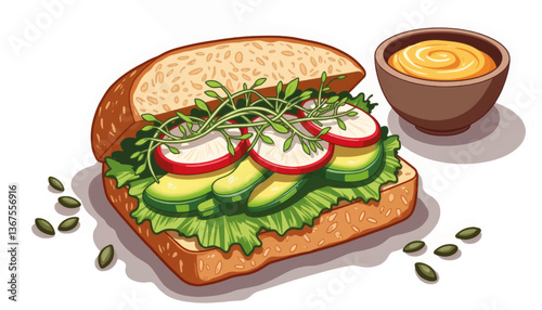 Vibrant whole-grain sandwich loaded with fresh vegetables, healthy eating