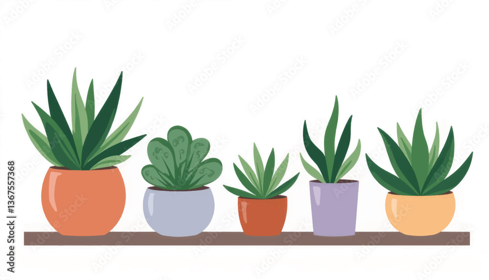 Fototapeta premium Stylized succulents in colorful pots on a white background, tranquility