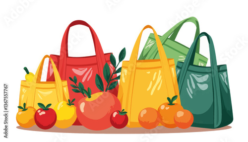 Bright collection of colorful reusable produce bags with fruits, eco-friendly