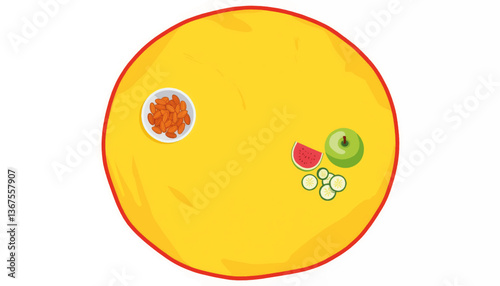 Colorful picnic blanket with healthy snacks on white background, wellness