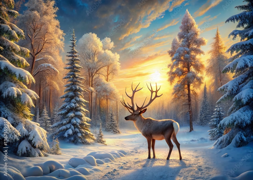Enchanting Winter Sunrise: Reindeer in Snowy Forest Wallpaper Enchanting Winter Sunrise: Reindeer in Snowy Forest Wallpaper