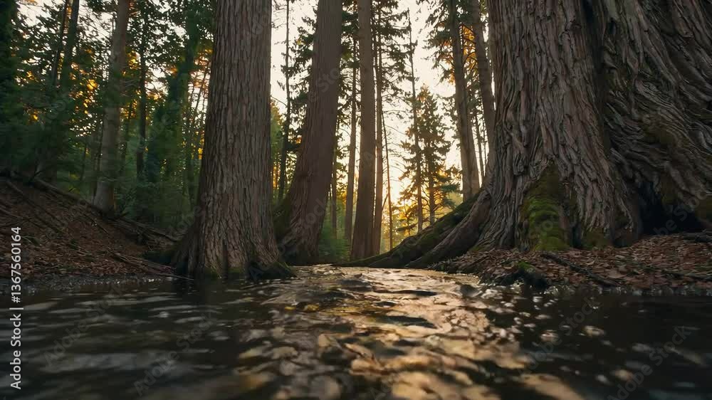 Majestic redwood forest with rippling creek at golden sunset