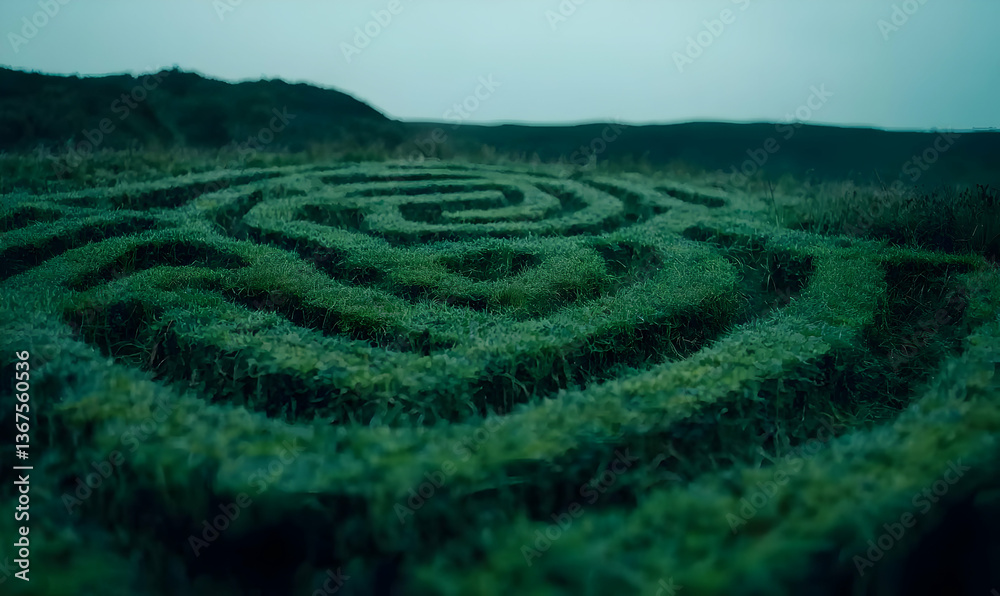 Intricate Green Maze Design Surrounded by Nature in Dusk Light Intricate Green Maze Design Surrounded by Nature in Dusk Light