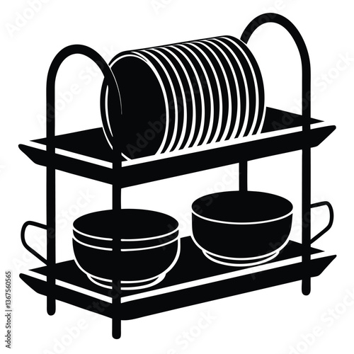 Modern Kitchen Plate And Dish Rack Vector – Minimalist Dish Organizer Illustration