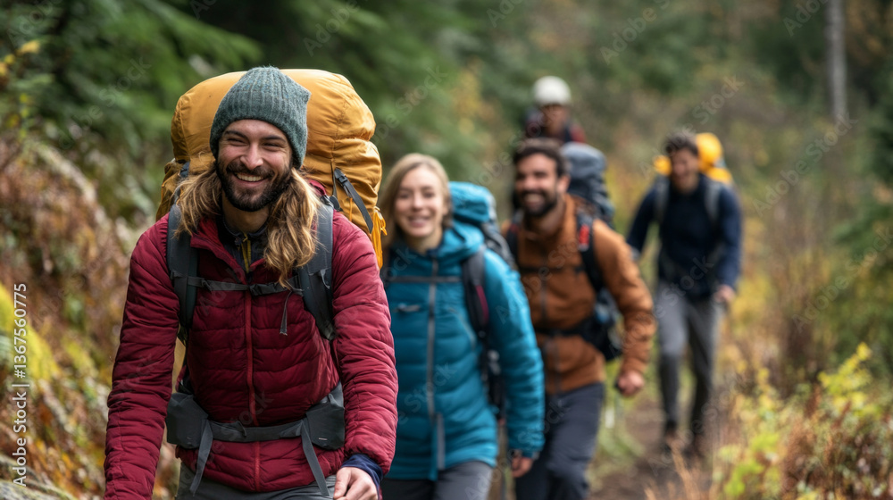 A group of friends with backpacks hikes a forest trail, smiling and enjoying the beautiful day surrounded by tall trees and vibrant foliage, sharing laughter and camaraderie. A group of friends with backpacks hikes a forest trail, smiling and enjoying the beautiful day surrounded by tall trees and vibrant foliage, sharing laughter and camaraderie.