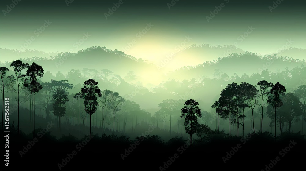 Fototapeta premium Morning mist envelops a serene forest landscape at dawn with silhouetted trees against rising sun Generative AI