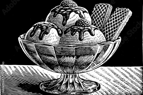 ice cream cup and wafer hand drawn sketch black and white illustration