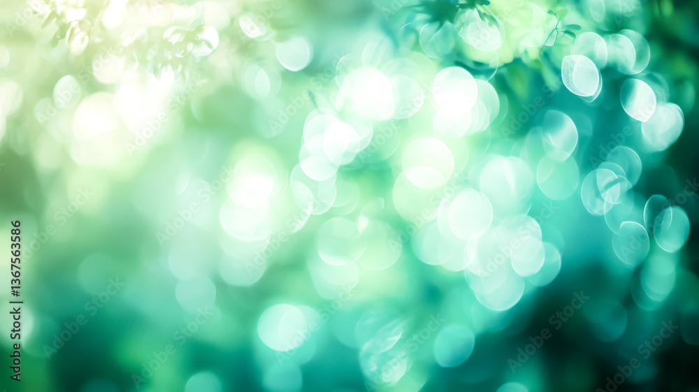 Obraz premium Abstract nature scene with blurred bokeh lights in shades of green and white, creating a dreamy and ethereal atmosphere.