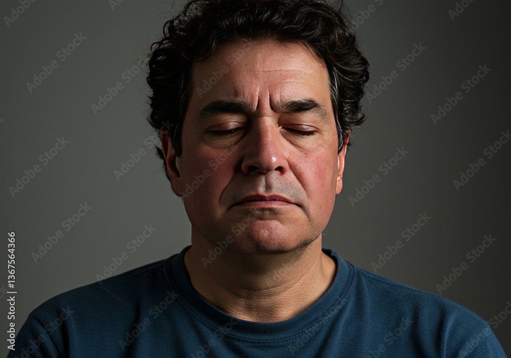 Contemplative man meditates with eyes closed against a gray background Contemplative man meditates with eyes closed against a gray background