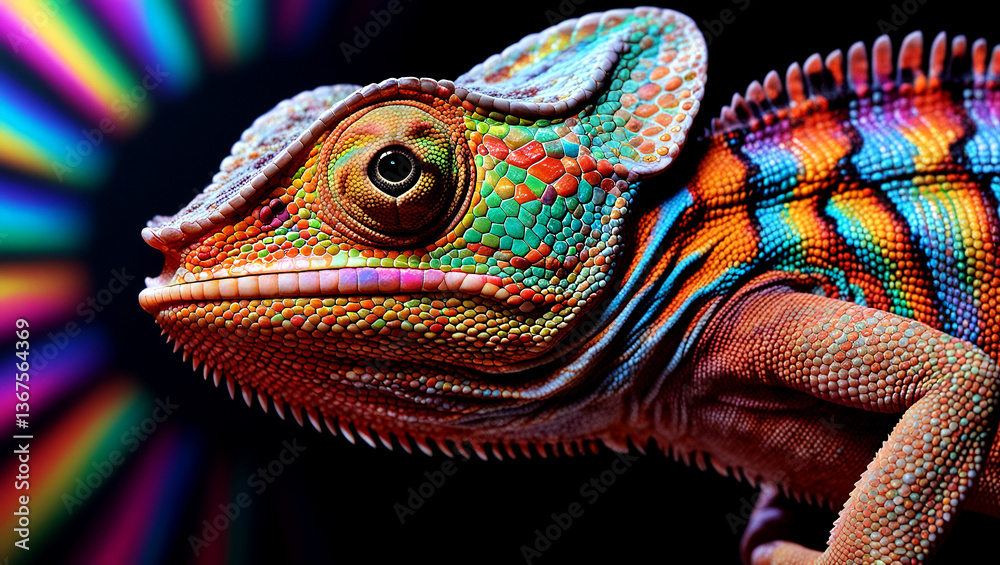 Fototapeta premium A vibrant chameleon stands in front of a rainbow light, showcasing its colorful skin against a bright, multicolored backdrop