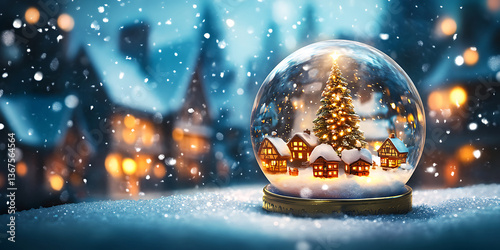 A Tiny Winter Village Inside a Snow Globe for Holiday Themes, Christmas , or Festive Illustrations