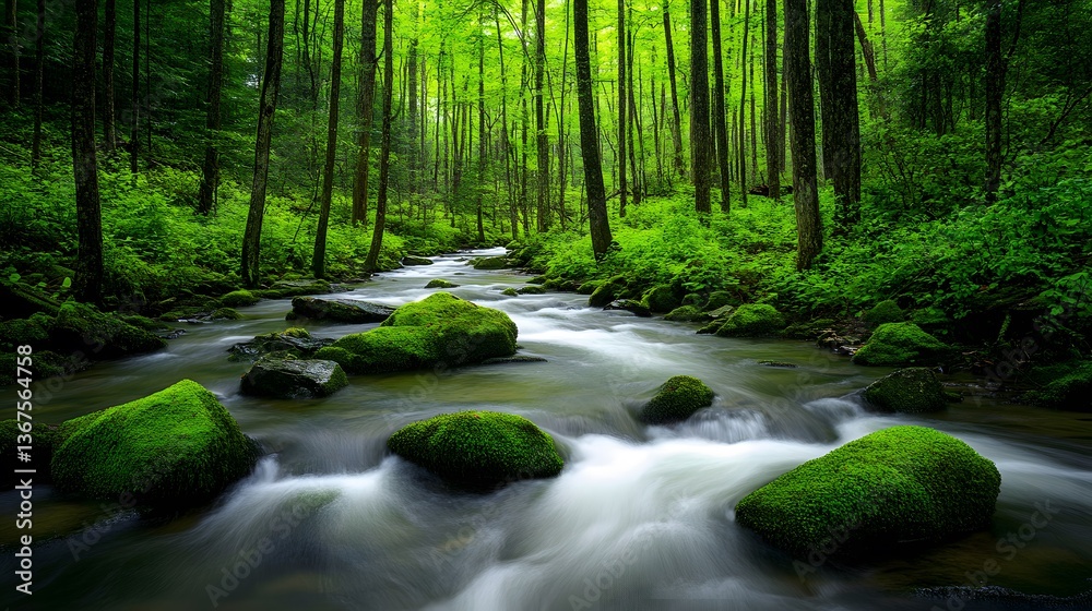 Fototapeta premium Serene Mossy Creek in Lush Green Forest
