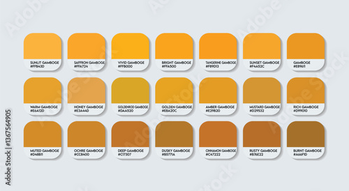 Gamboge Color Guide Palette with Color Names. Catalog Samples Gamboge with RGB HEX codes and Names. Turmeric colour Palette Vector, Gold and Gamboge Color Palette, Fashion Trend yellow Color Palette