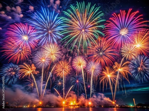 Exploding Fireworks Light Streaks Night Sky Celebration