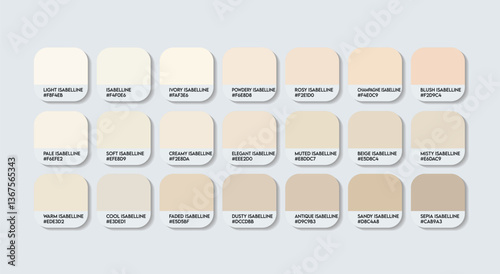 Isabelline Color Guide Palette with Color Names. Catalog Samples Isabelline with RGB HEX codes and Names. Cream colour Palette Vector, grey, Tan beige Color Palette, Fashion Trend Cream Color Palette