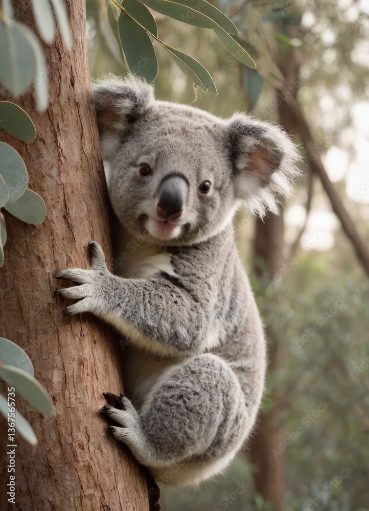 Fototapeta premium A baby koala is sitting on a tree branch