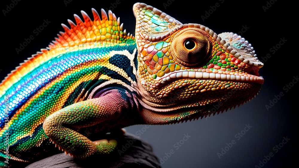 Obraz premium A vibrant chameleon stands in front of a rainbow light, showcasing its colorful skin against a bright, multicolored backdrop