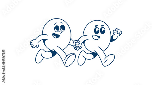 Joyful Cartoon Companions: Two animated figures, filled with infectious energy, joyfully run together, hand-in-hand, embodying the spirit of friendship and shared experiences. A clean.