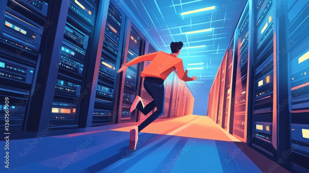 Fototapeta premium Urgent IT Response: Technician Rushes to Resolve Server Problem in Data Center