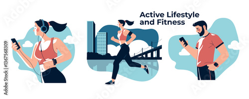 Vector Illustration of Active Lifestyle & Fitness – Urban Running, Jogging, and Workout Concept. Athletes Exercising Outdoors in the City, Using Fitness Apps, Smartwatches, and Headphones for Training