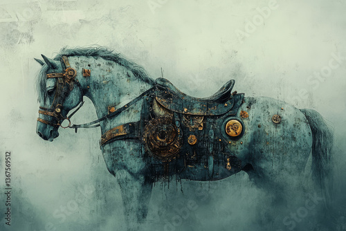 Mechanical horse adorned in intricate gear and armor set against a mysterious, misty background