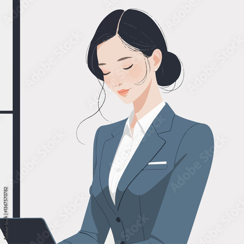 Elegant Businesswoman Working on Laptop – Minimalist Illustration