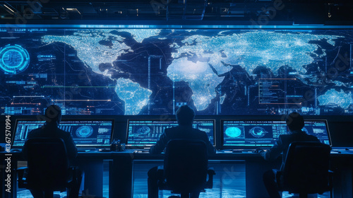 Wallpaper Mural Isometric Global Network planet Earth. Astronauts Monitors Work of Artificial Intelligence. Professional IT Engineers Working in System Control Center. Torontodigital.ca